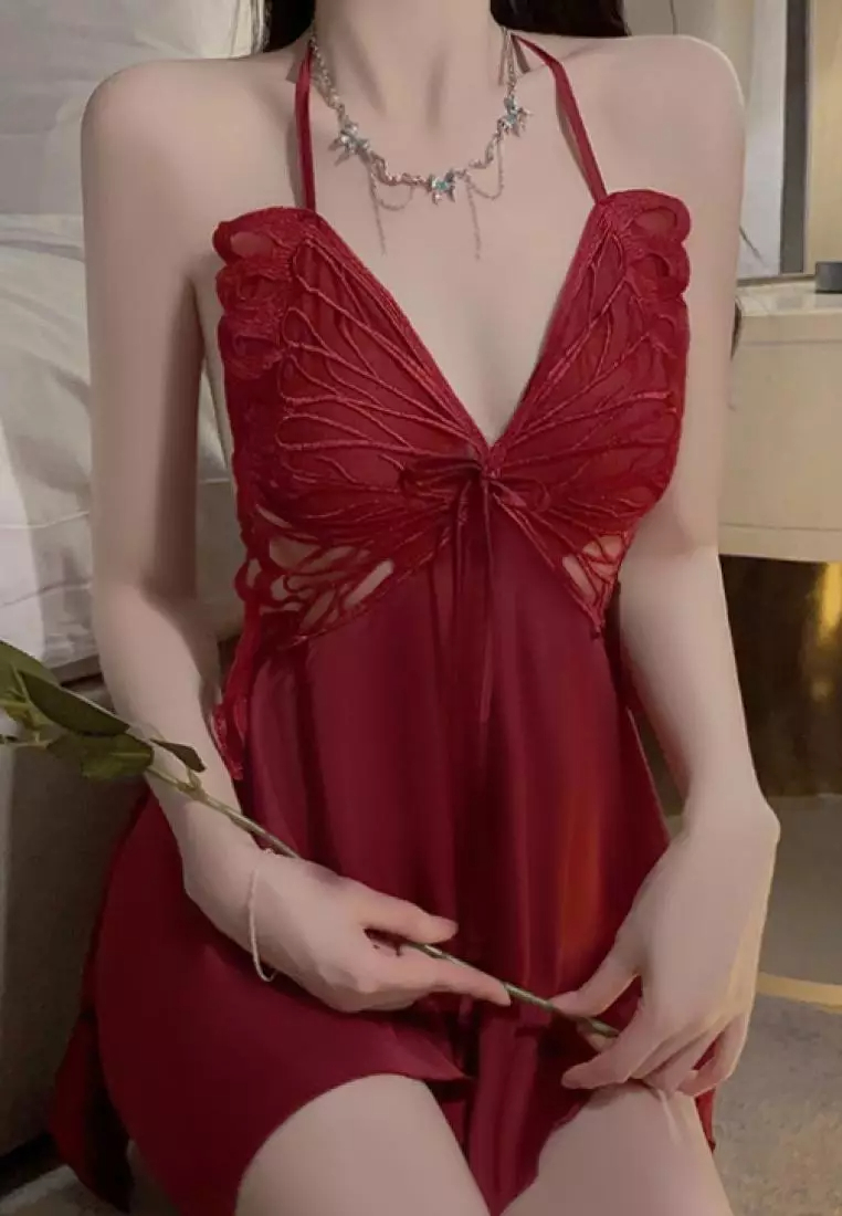 New style butterfly ice silk sling backless pajamas nightdress Lingerie K062601W-sunnydaysweety