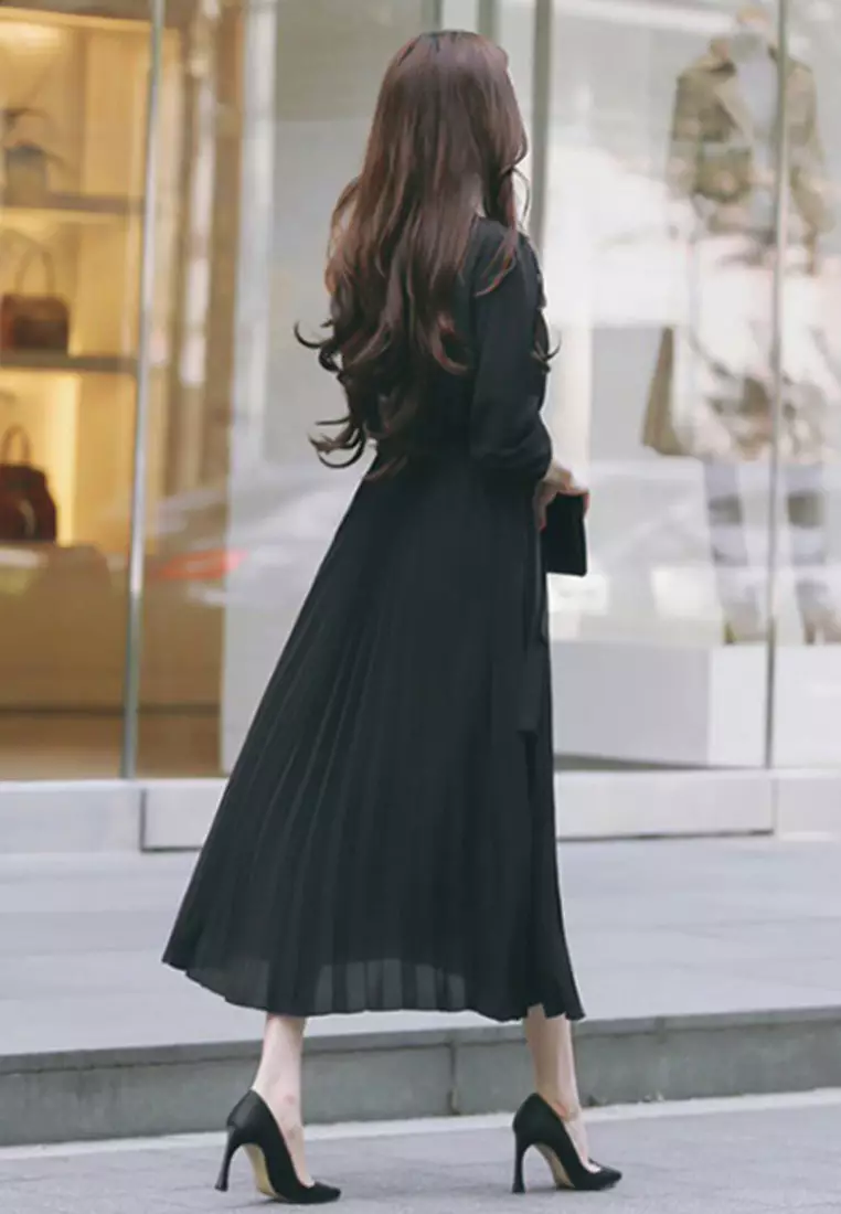 Chiffon long sleeved pleated dress CA24092744BW