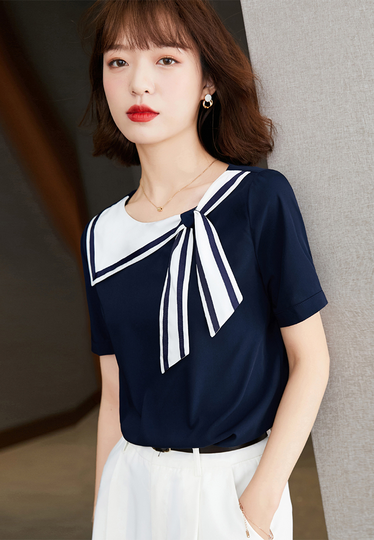 Western-Style Navy Blue Collar Loose Short-Sleeved Top A22022519BL