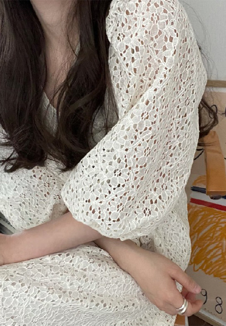 Vintage lace hollow out single breasted dress CA25032752BE