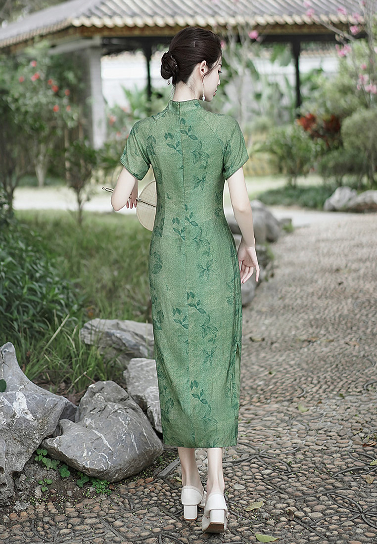 Green cheongsam improved slit temperament dress CA011004