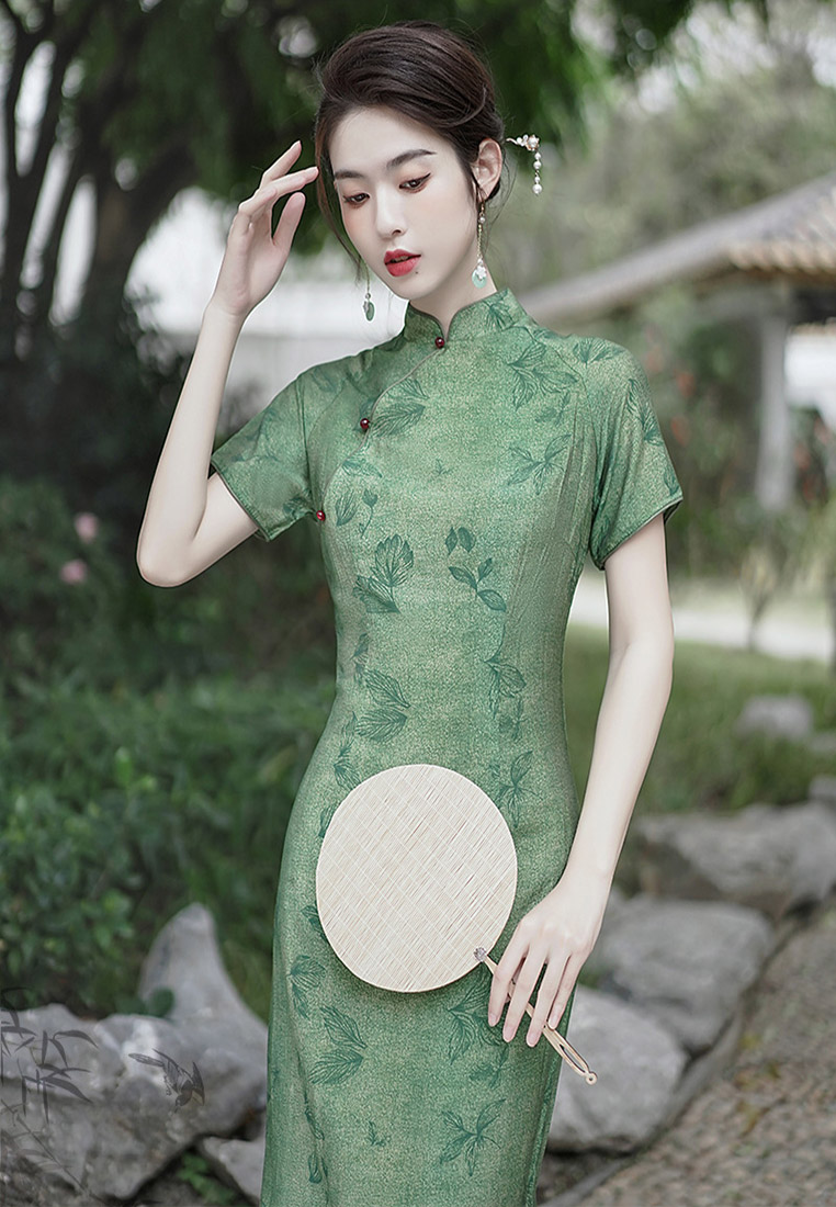 Green cheongsam improved slit temperament dress CA011004