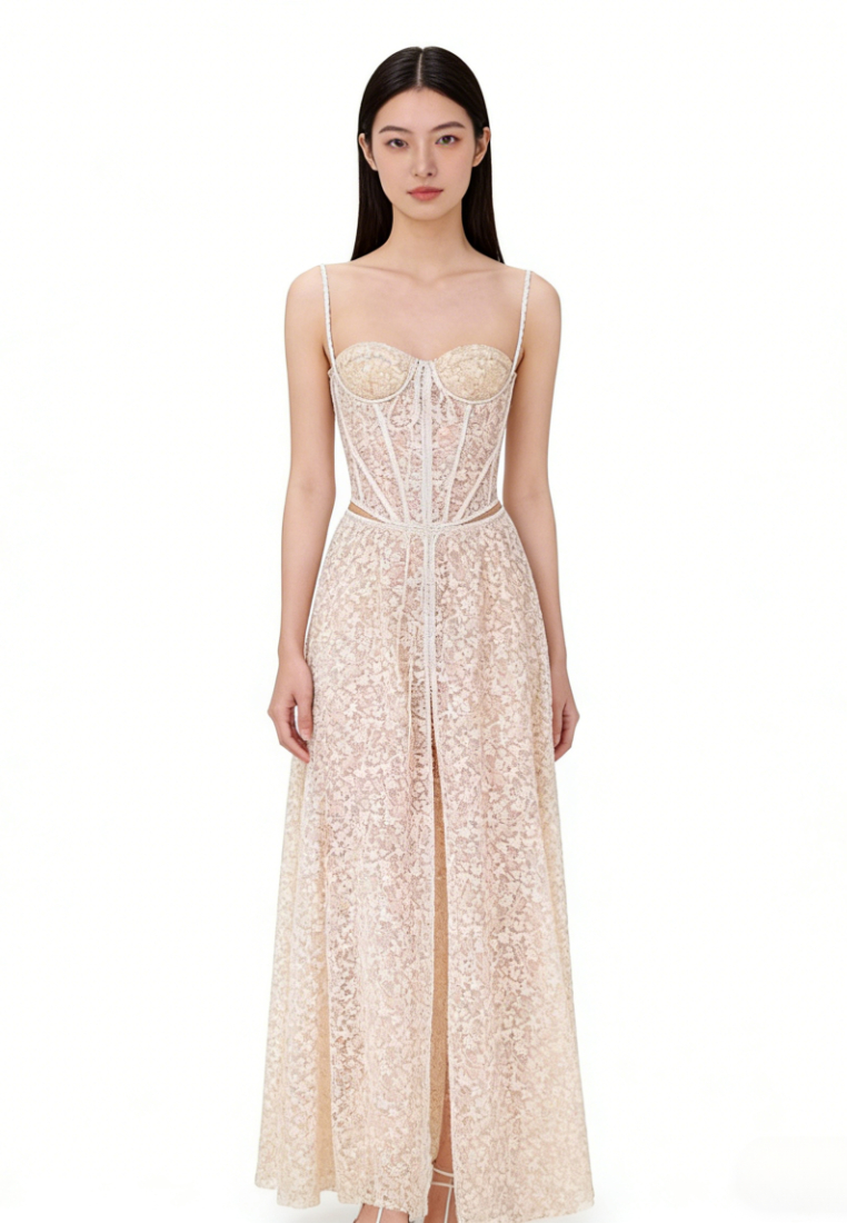 Elegant Lace Corset Maxi Dress Cutout Waist Formal Evening Gown K26040904
