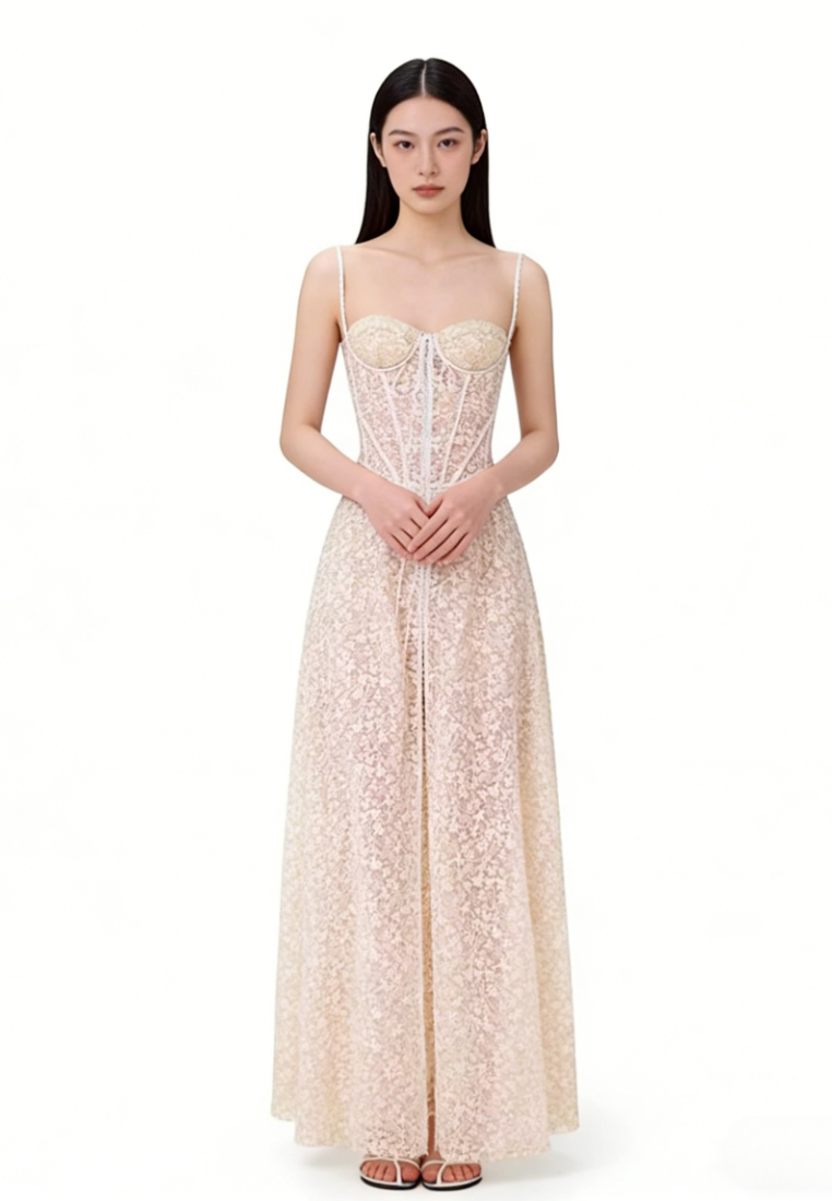 Elegant Lace Corset Maxi Dress Cutout Waist Formal Evening Gown K26040904