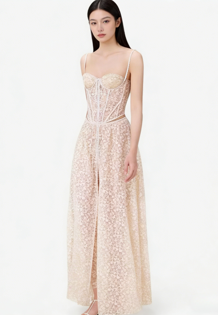 Elegant Lace Corset Maxi Dress Cutout Waist Formal Evening Gown K26040904