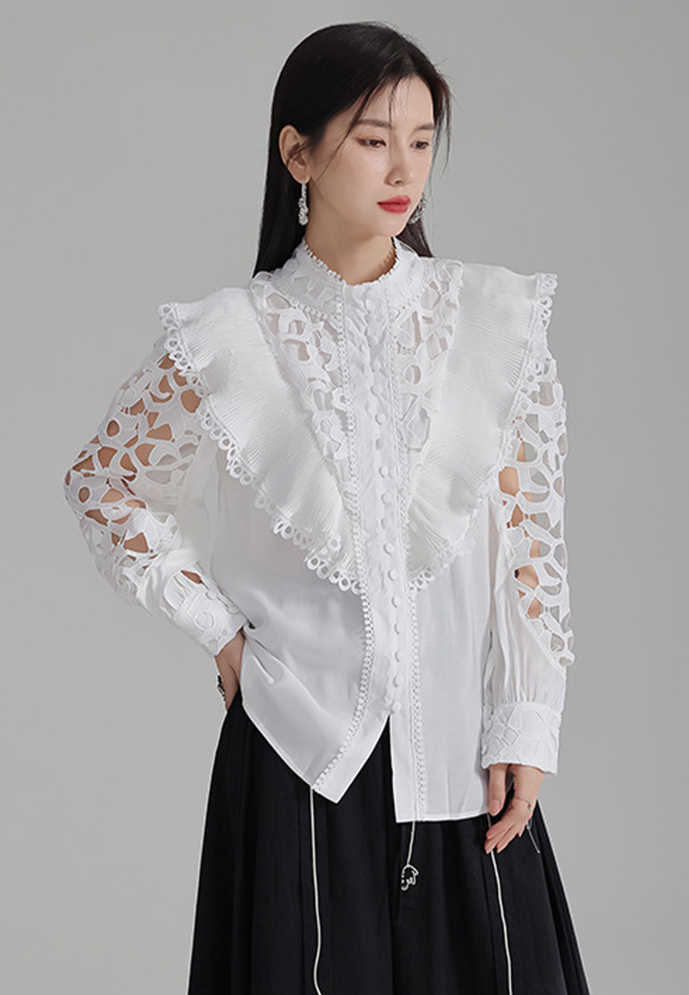 2024 New french embroidered hollow shirt standing neck top CA24030104BK
