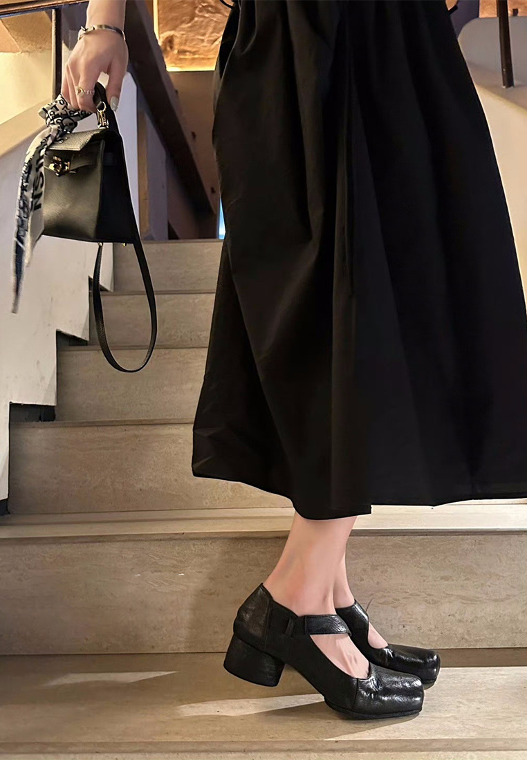 Genuine leather square toe thick heel small leather shoes CA25030315BK