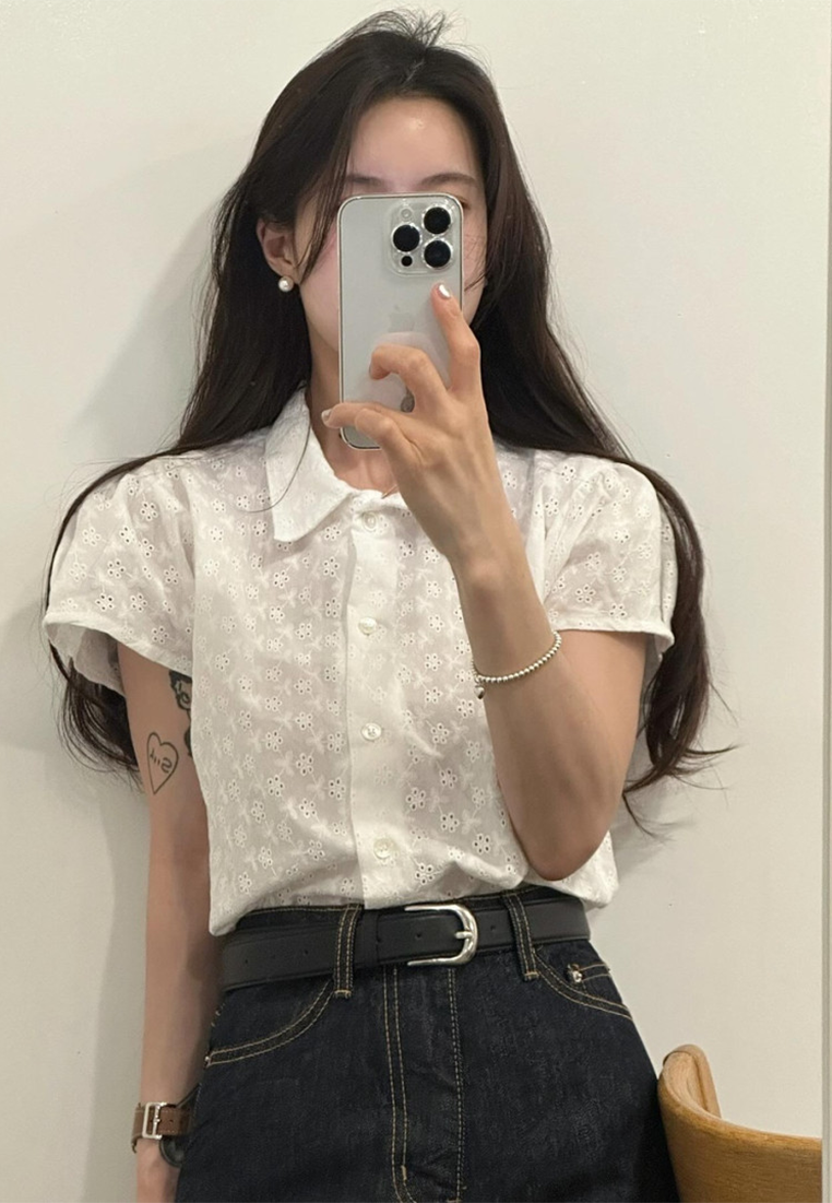 Korean chic summer hollow single-breasted embroidered short-sleeved shirt CA25042904