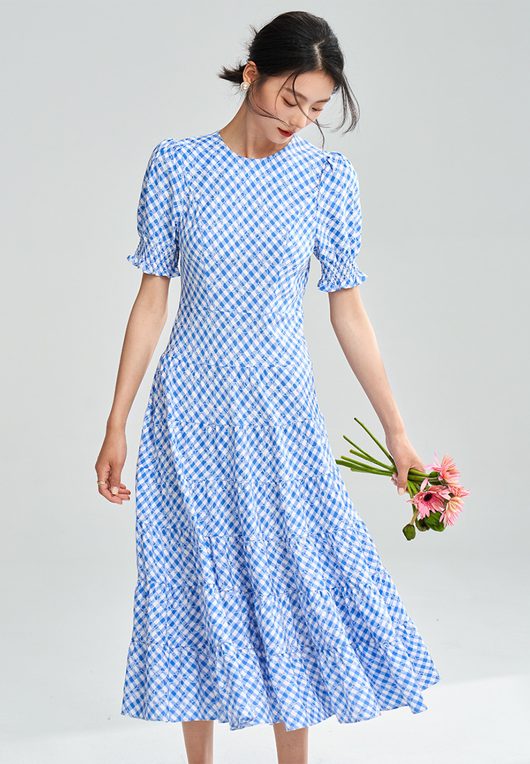 New summer blue and white plaid waist dress CA25052904BL