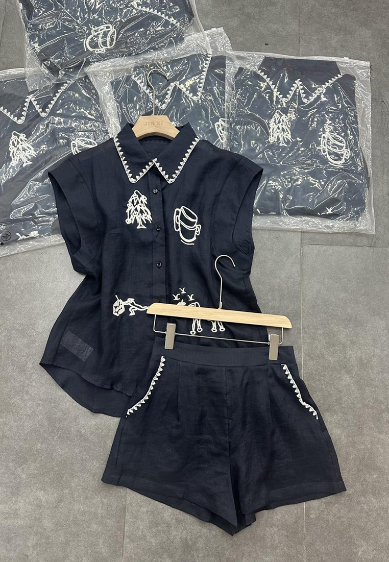 Summer new linen embroidered sleeveless shirt + shorts two-piece set CA25070904BL