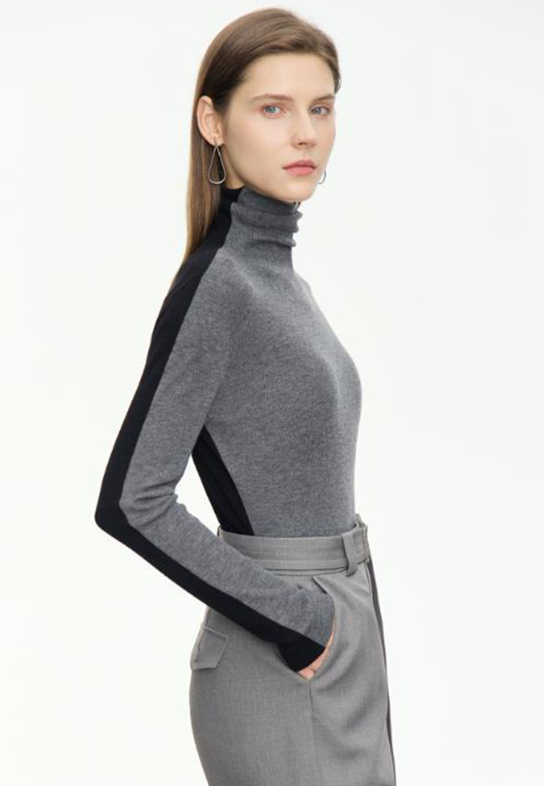 Contrast color simple wool blend sweater knitted bottoming shirt CA120404GY