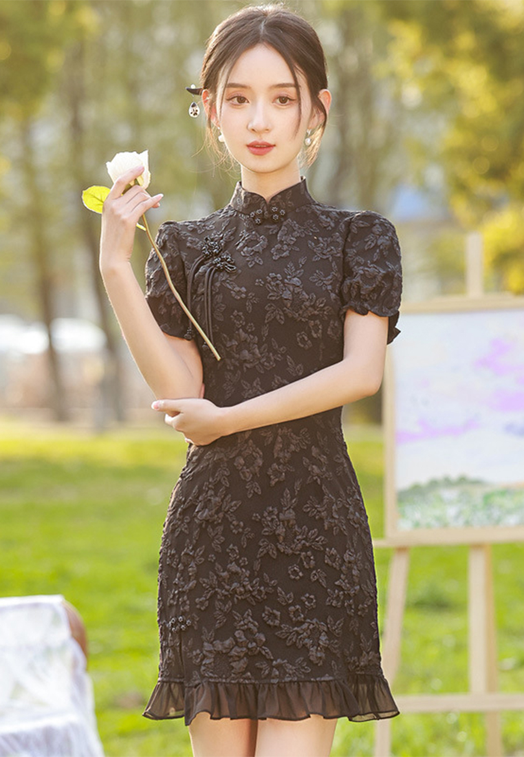 New black fishtail short fashion cheongsam dress CA122704