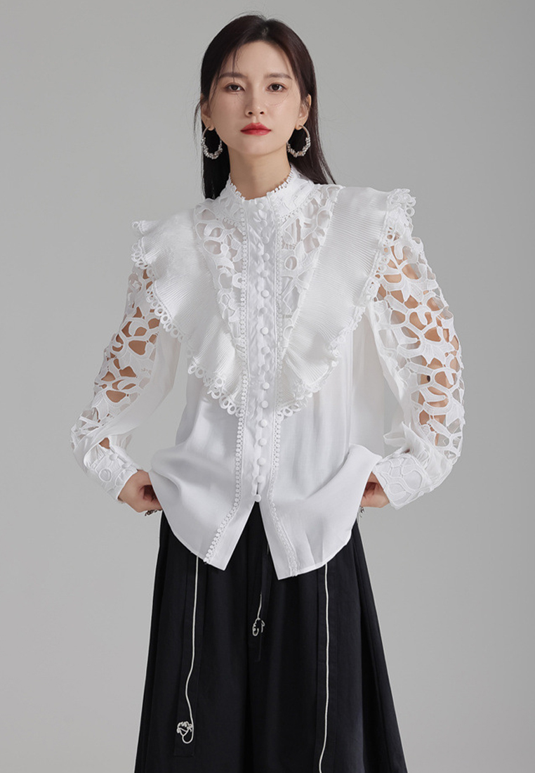 2024 New french embroidered hollow shirt standing neck top CA24030104BK