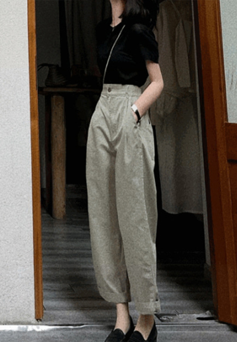  High-end simple high-waist slimming loose waist tightening rolled edge casual pants CA23050404GR-sunnydaysweety