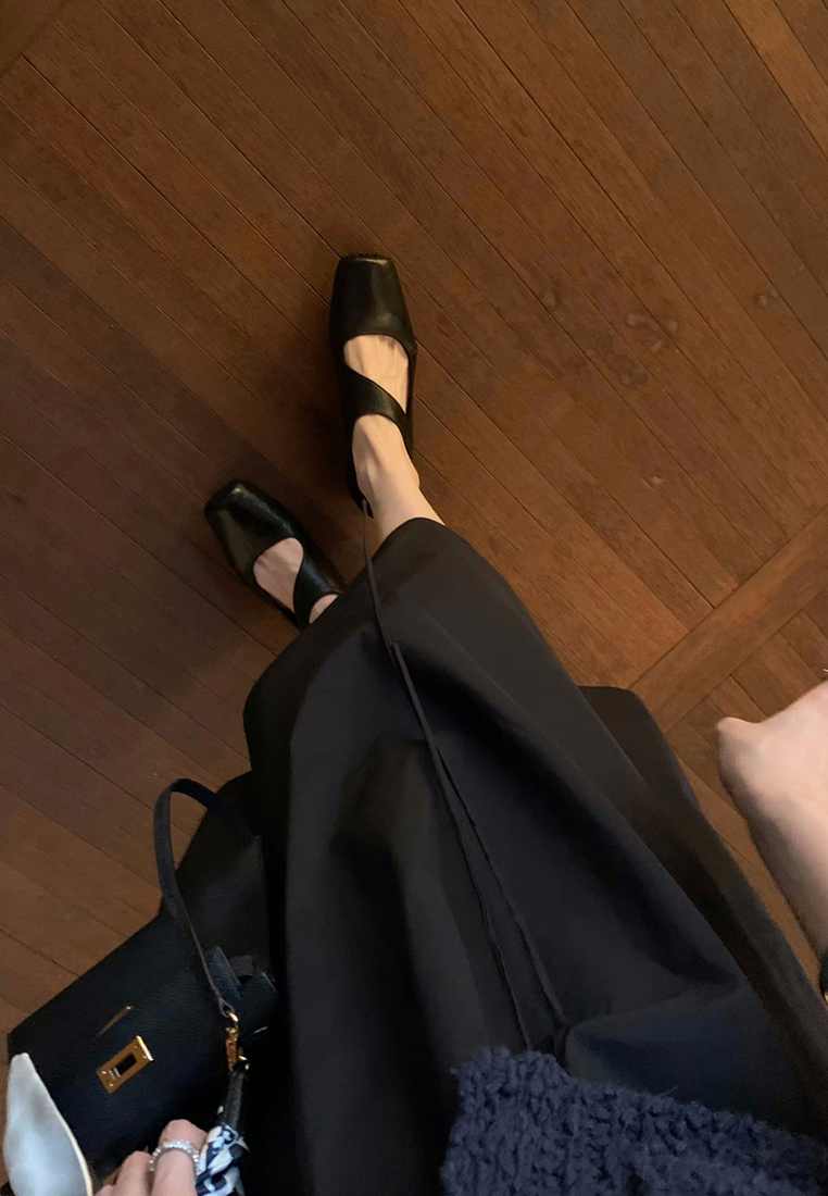 Genuine leather square toe thick heel small leather shoes CA25030315BK