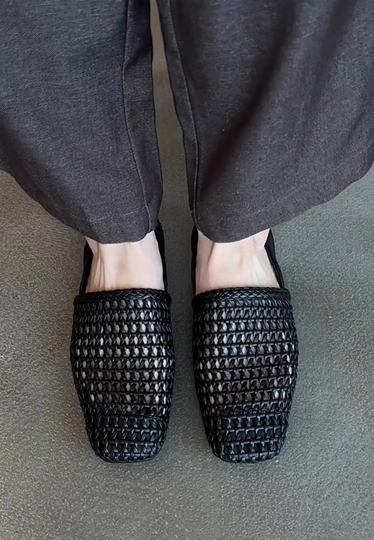 Genuine leather square toe slip-on woven hollow flat shoes CA25042304BK