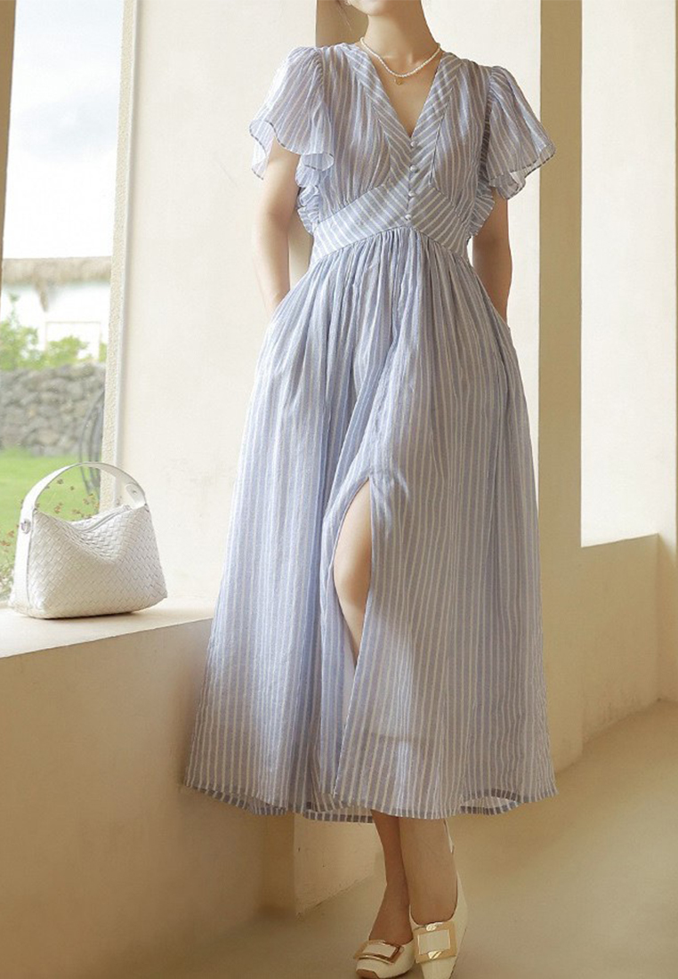 French summer high-end cut temperament V-neck dress CA25032704BL