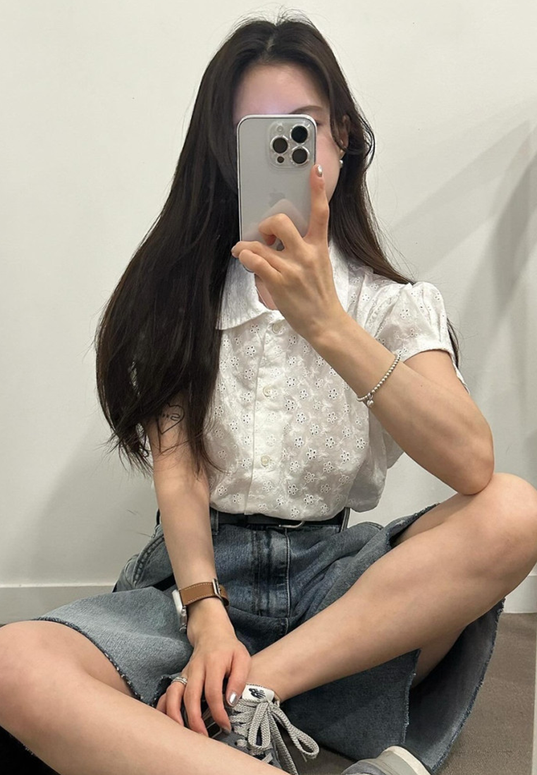 Korean chic summer hollow single-breasted embroidered short-sleeved shirt CA25042904