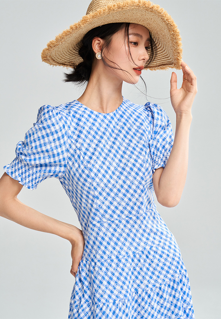 New summer blue and white plaid waist dress CA25052904BL