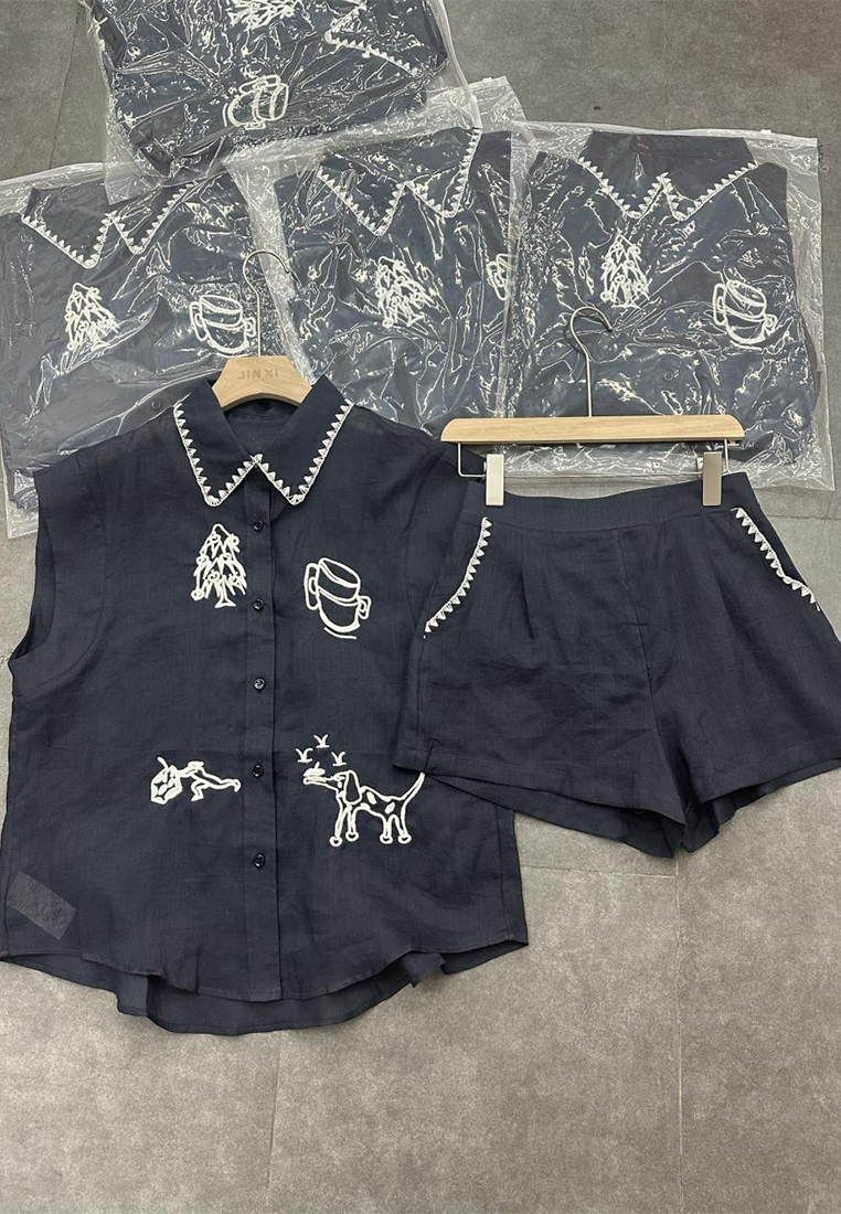 Summer new linen embroidered sleeveless shirt + shorts two-piece set CA25070904BL