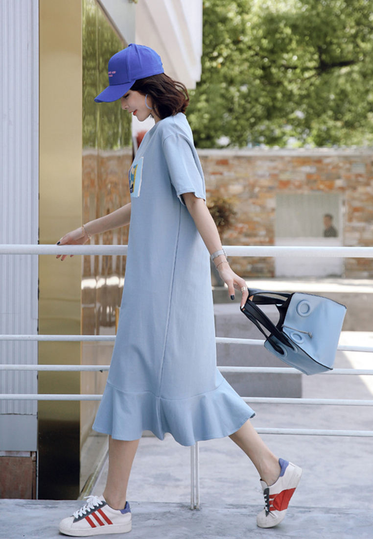 Summer short-sleeved T-shirt skirt loose fishtail dress simple slouchy over the knee 9107