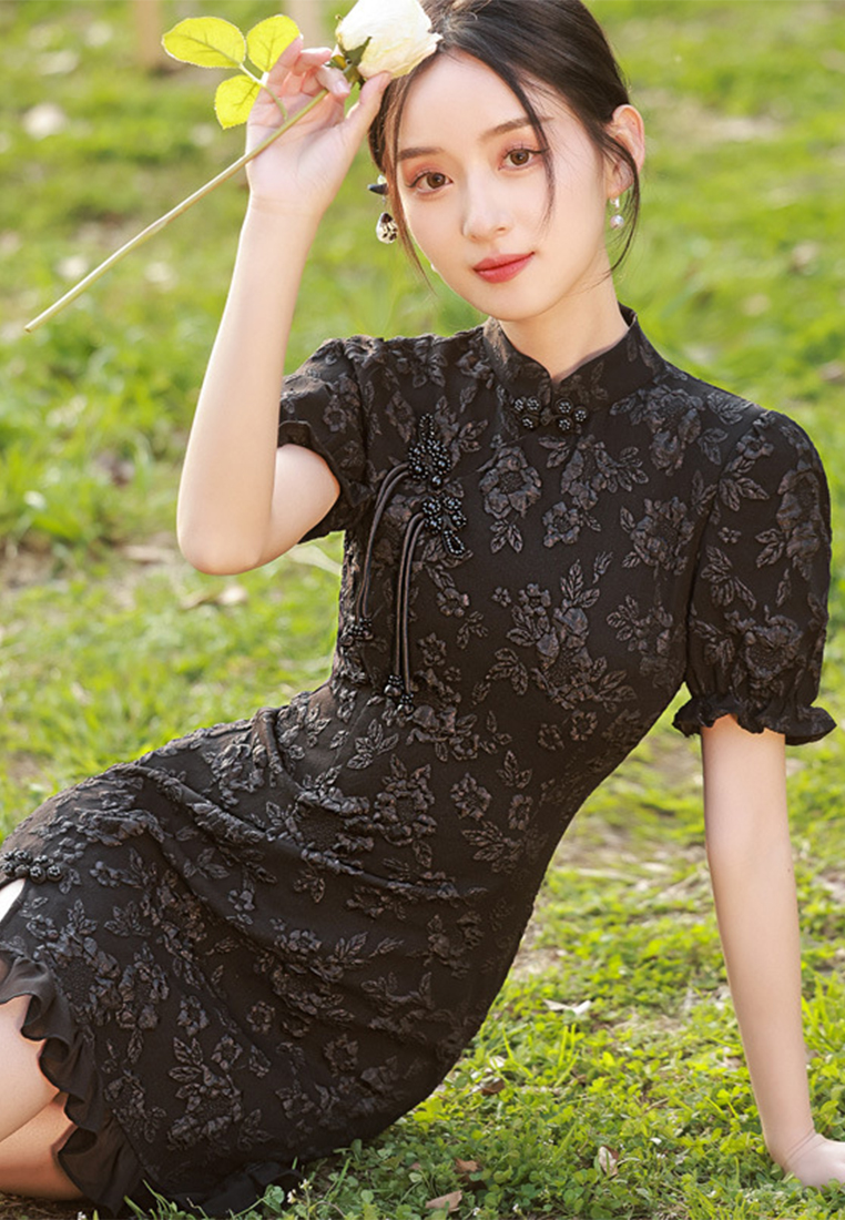 New black fishtail short fashion cheongsam dress CA122704
