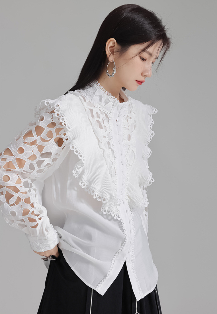 2024 New french embroidered hollow shirt standing neck top CA24030104BK
