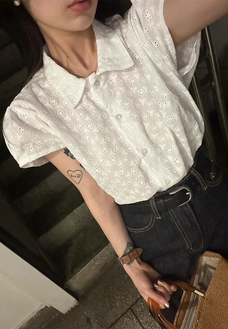 Korean chic summer hollow single-breasted embroidered short-sleeved shirt CA25042904