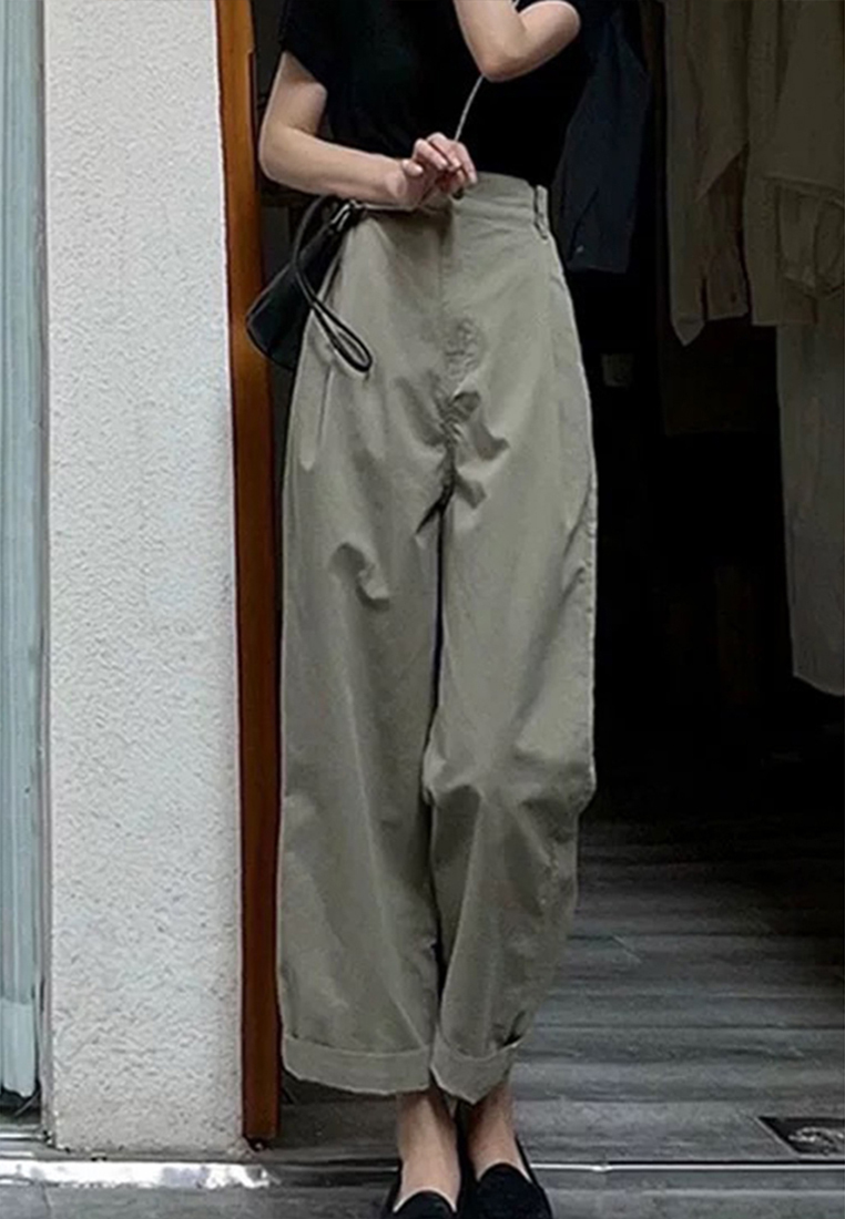  High-end simple high-waist slimming loose waist tightening rolled edge casual pants CA23050404GR-sunnydaysweety