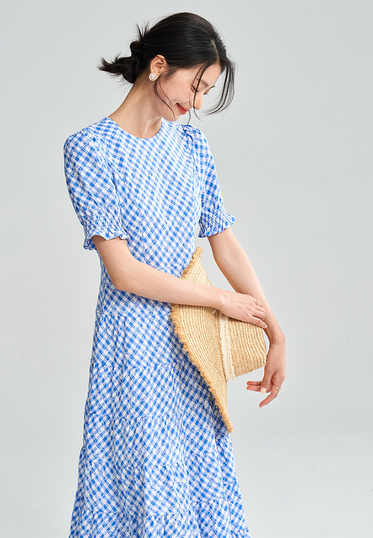 New summer blue and white plaid waist dress CA25052904BL