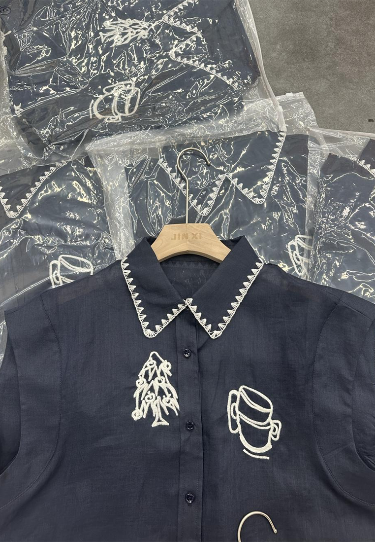 Summer new linen embroidered sleeveless shirt + shorts two-piece set CA25070904BL