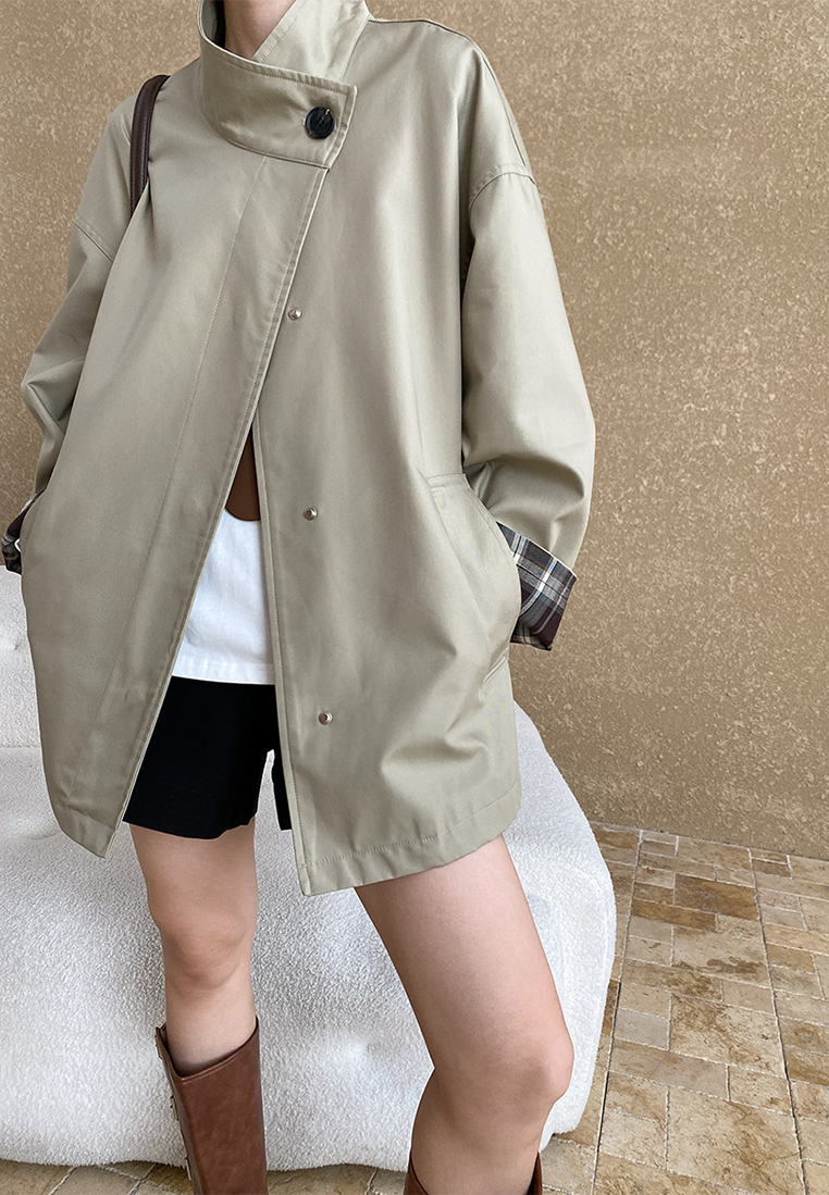 Retro British style stand collar plaid patchwork jacket CA25092504KI