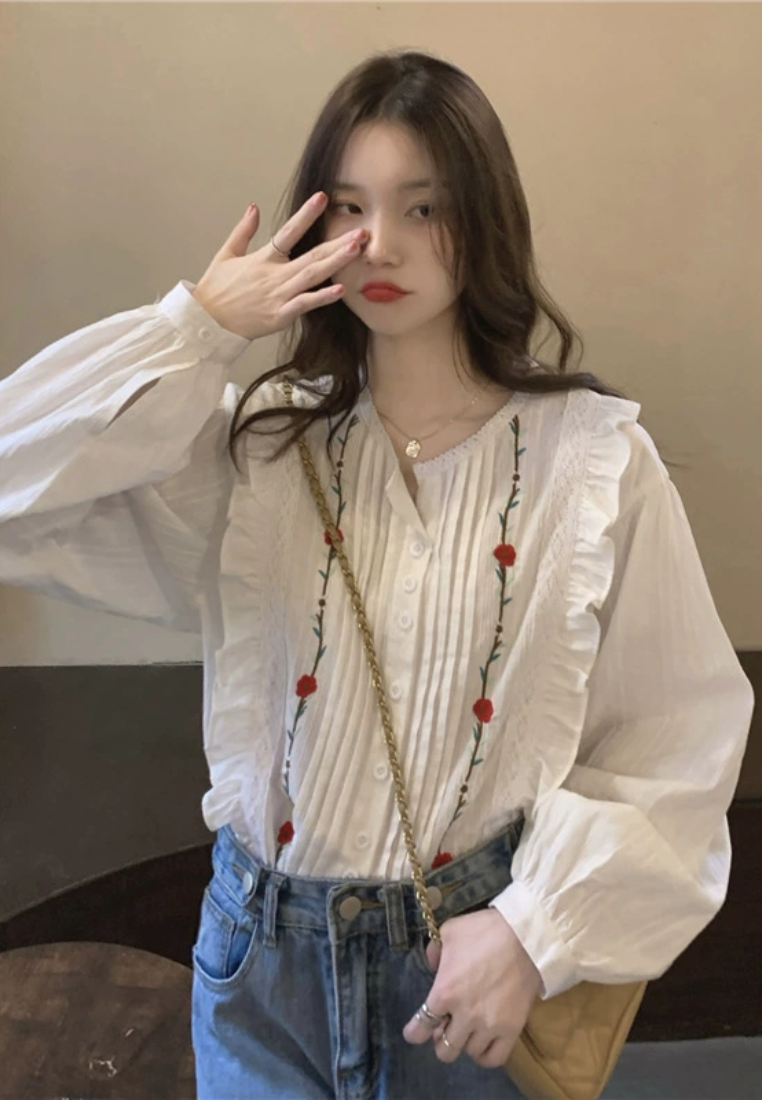 French gentle style floral embroidery breasted long sleeved shirt CA25031904W