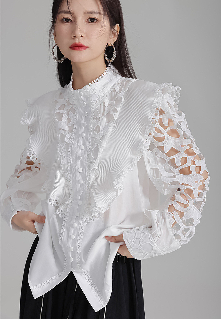 2024 New french embroidered hollow shirt standing neck top CA24030104BK
