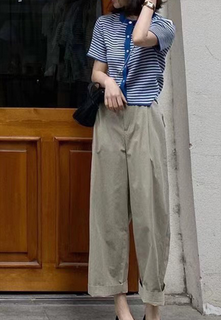  High-end simple high-waist slimming loose waist tightening rolled edge casual pants CA23050404GR-sunnydaysweety