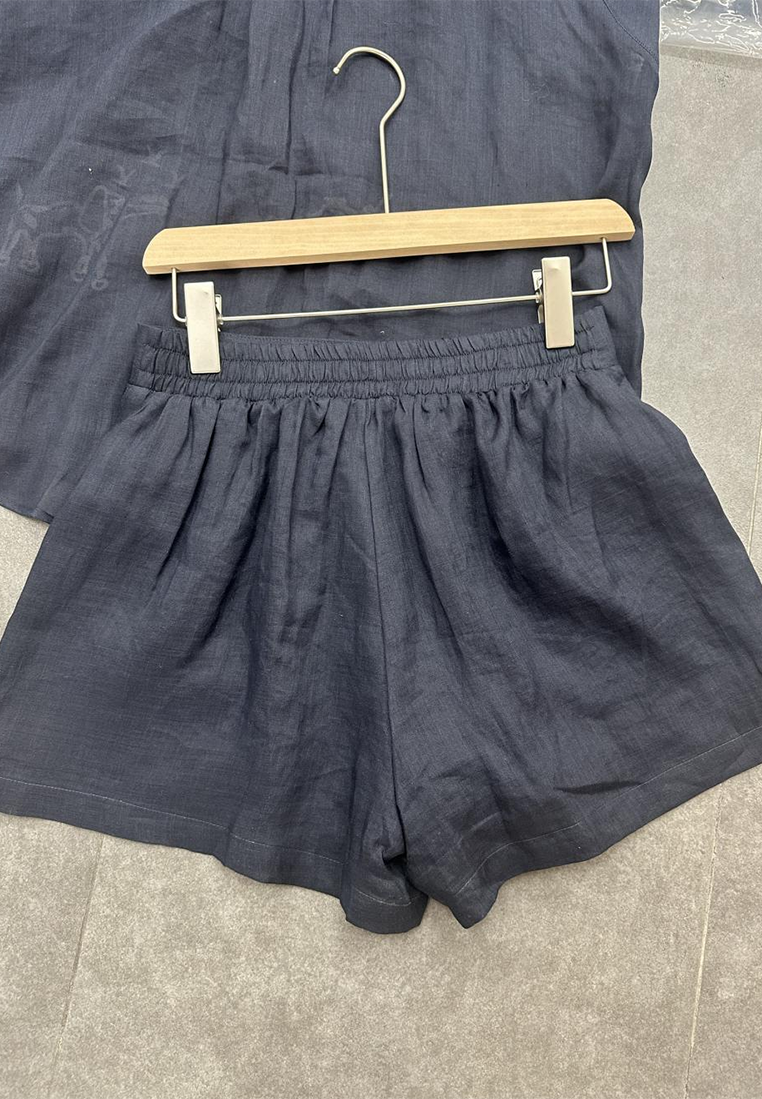 Summer new linen embroidered sleeveless shirt + shorts two-piece set CA25070904BL