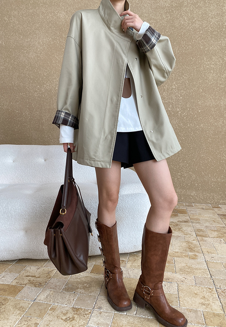 Retro British style stand collar plaid patchwork jacket CA25092504KI