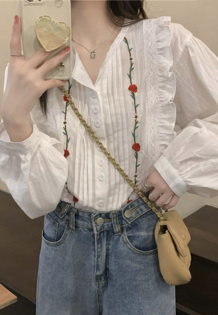 French gentle style floral embroidery breasted long sleeved shirt CA25031904W