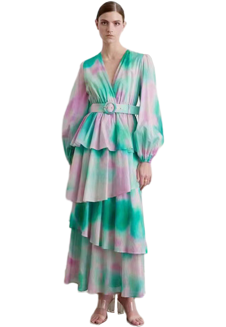 2024 Autumn V-neck lantern sleeve temperament long dress CA24081604PI