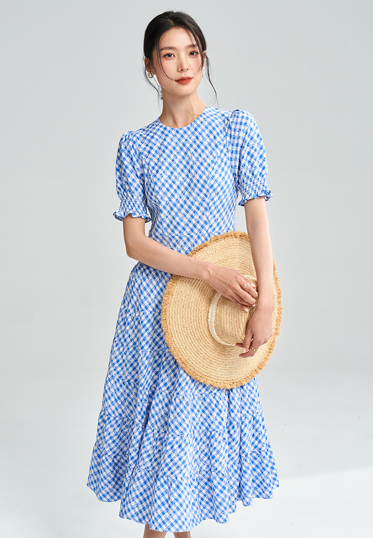 New summer blue and white plaid waist dress CA25052904BL