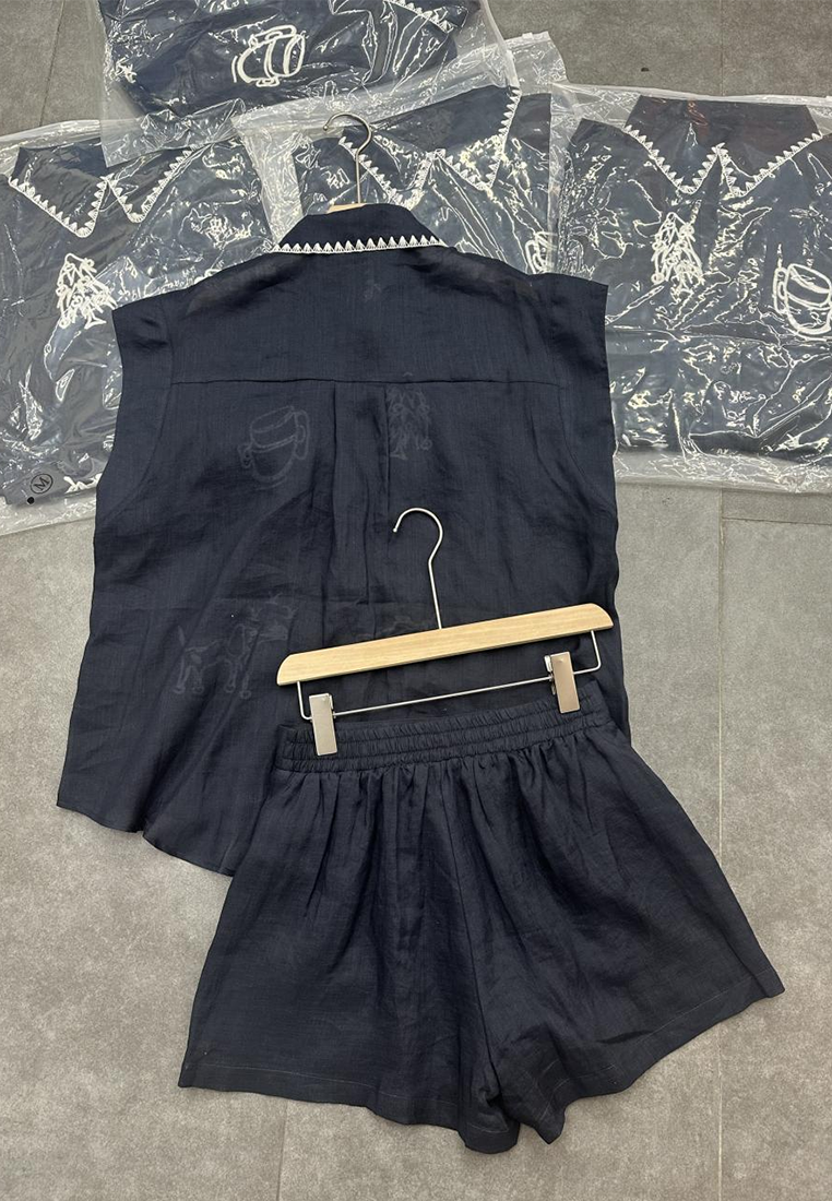 Summer new linen embroidered sleeveless shirt + shorts two-piece set CA25070904BL