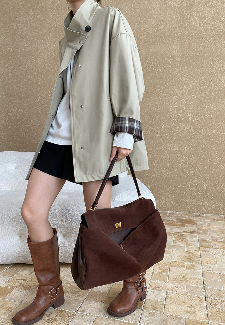 Retro British style stand collar plaid patchwork jacket CA25092504KI