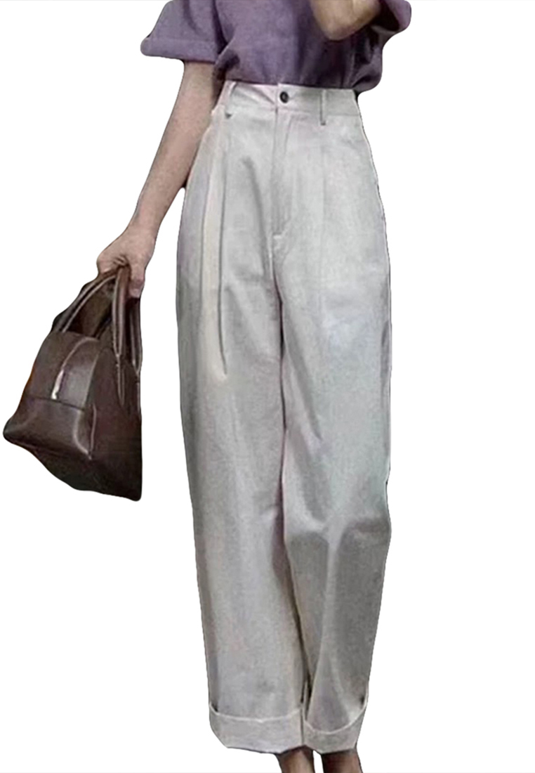  High-end simple high-waist slimming loose waist tightening rolled edge casual pants CA23050404GR-sunnydaysweety