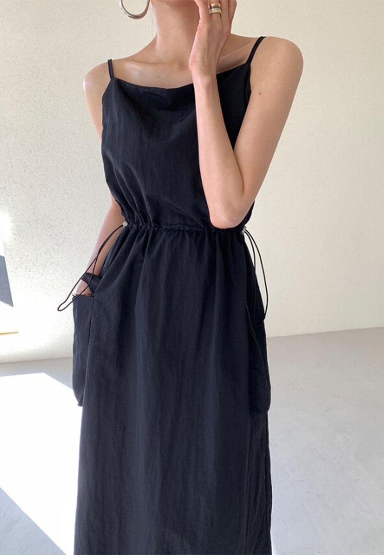 New summer large pocket drawstring waist suspender dress CA24062004W