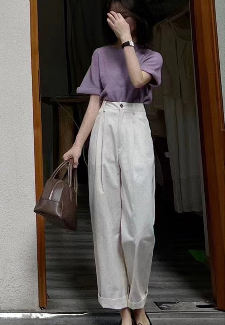  High-end simple high-waist slimming loose waist tightening rolled edge casual pants CA23050404GR-sunnydaysweety