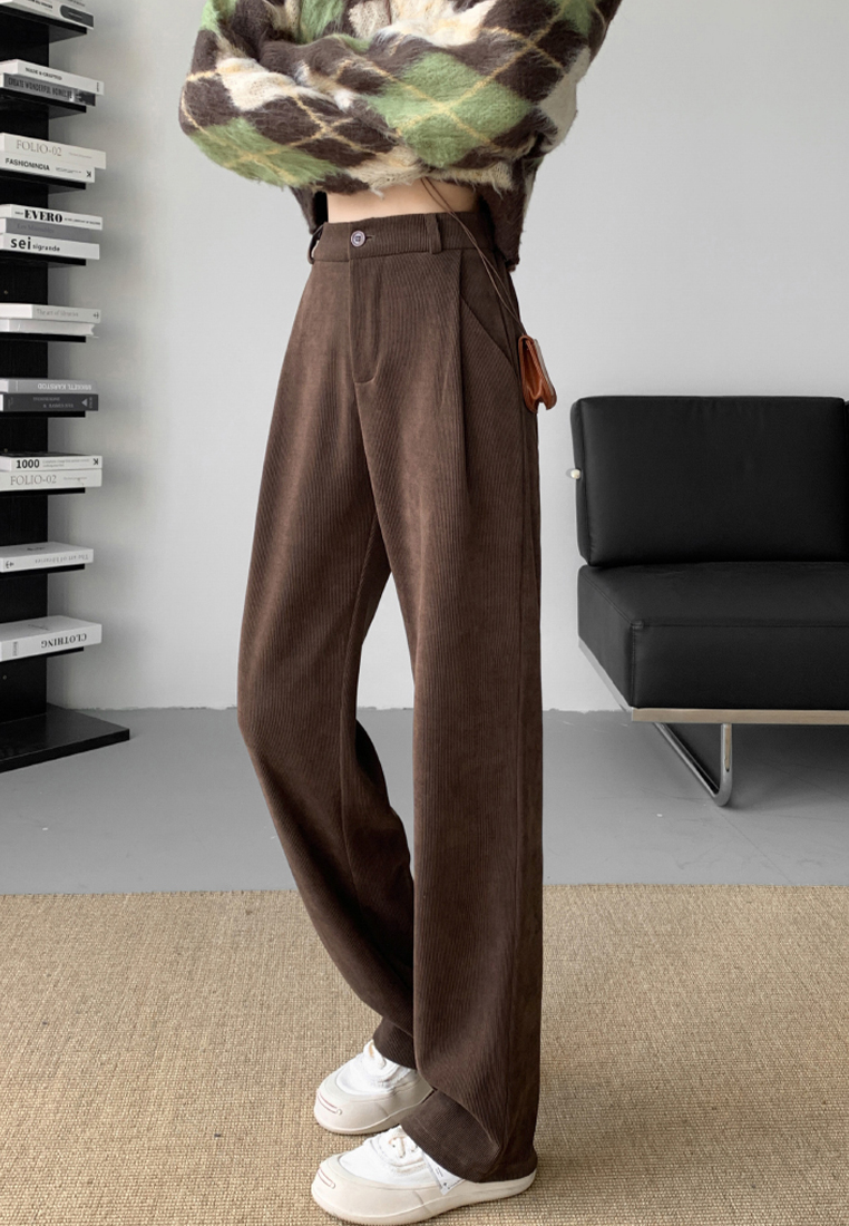 Chenille corduroy solid color high waist drape casual pants A110604BL