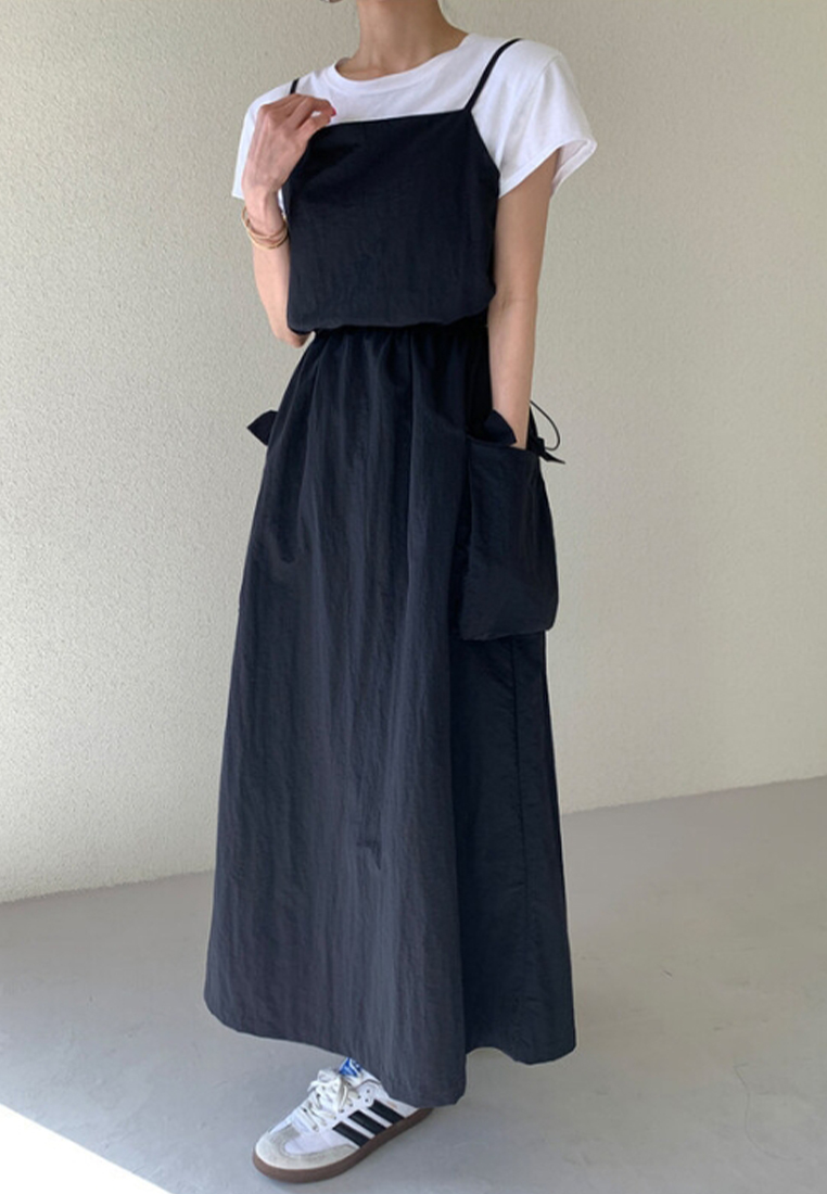 New summer large pocket drawstring waist suspender dress CA24062004W