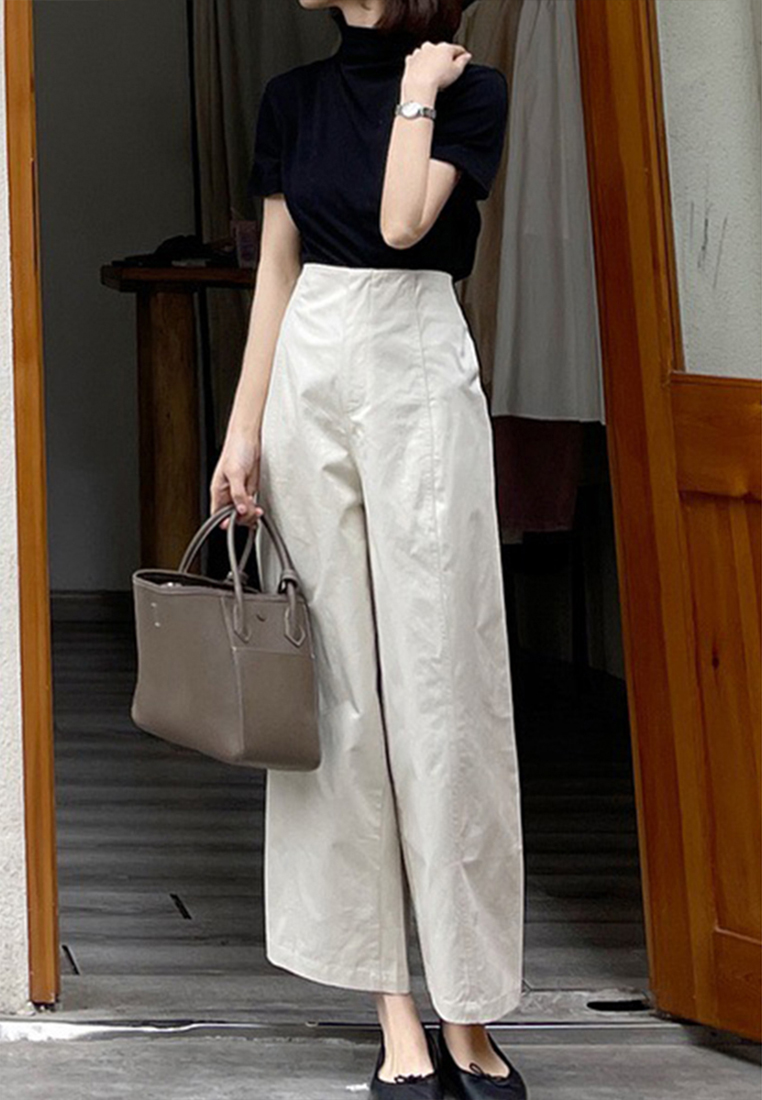 High-end simple high-waist slimming loose waist tightening rolled edge casual pants CA23050404GR-sunnydaysweety