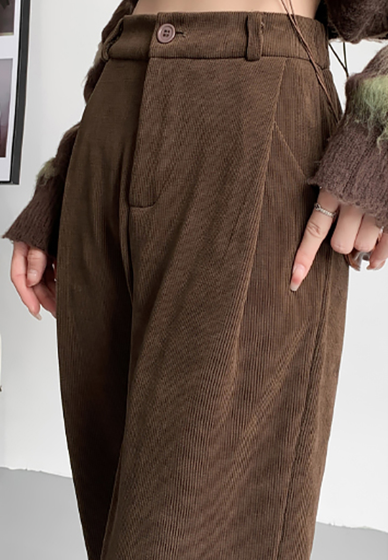 Chenille corduroy solid color high waist drape casual pants A110604BL