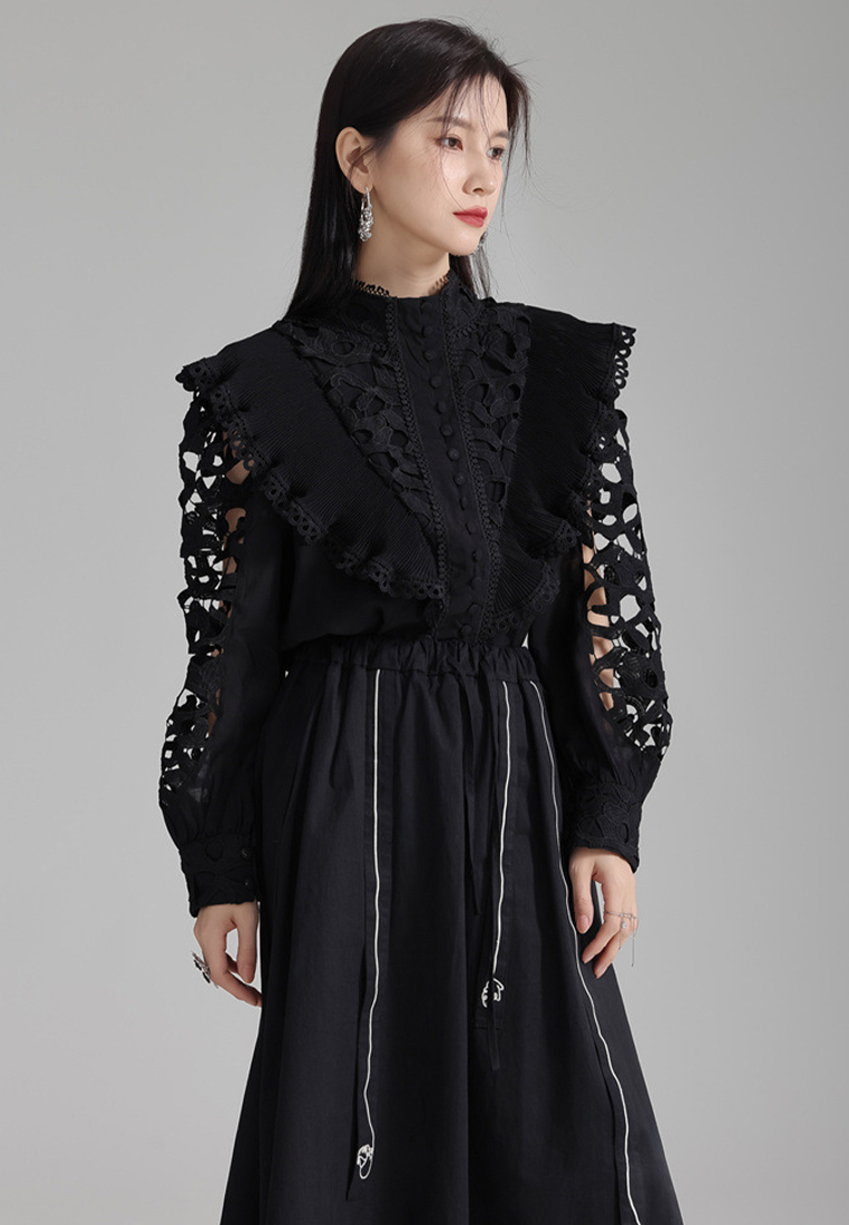 2024 New french embroidered hollow shirt standing neck top CA24030104BK